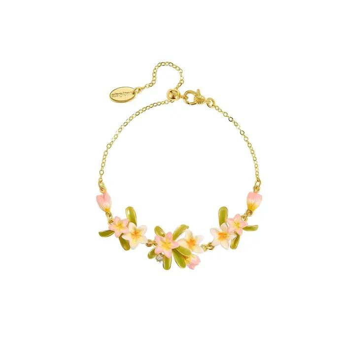 Bracelet ajustable en émail plaqué or 18 carats avec fleur de frangipanier et perle rose, bijoux flo