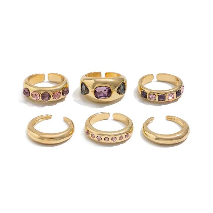 Salircon 6 pièces/ensemble incrusté de zircon violet ensemble de bagues d'ouverture réglable femmes bague de couleur or lisse pour femme bijoux quotidiens cadeau