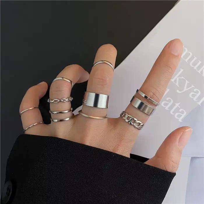 Ensemble de bagues punk simples couleur argent