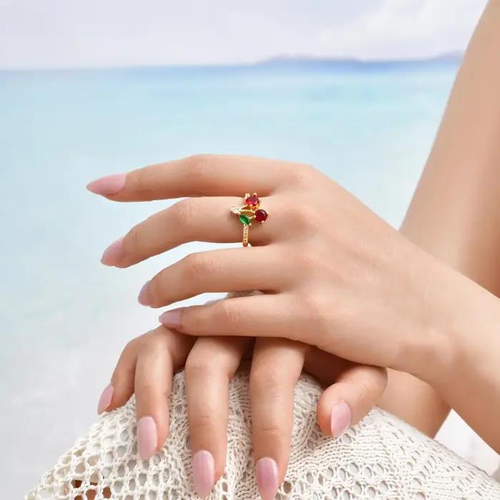 Bague en Zircon Rouge Scintillant en Cuivre Plaquée Or 14 Carats Réglable pour Femmes Occasions Spéciales Cadeau de Luxe Chic