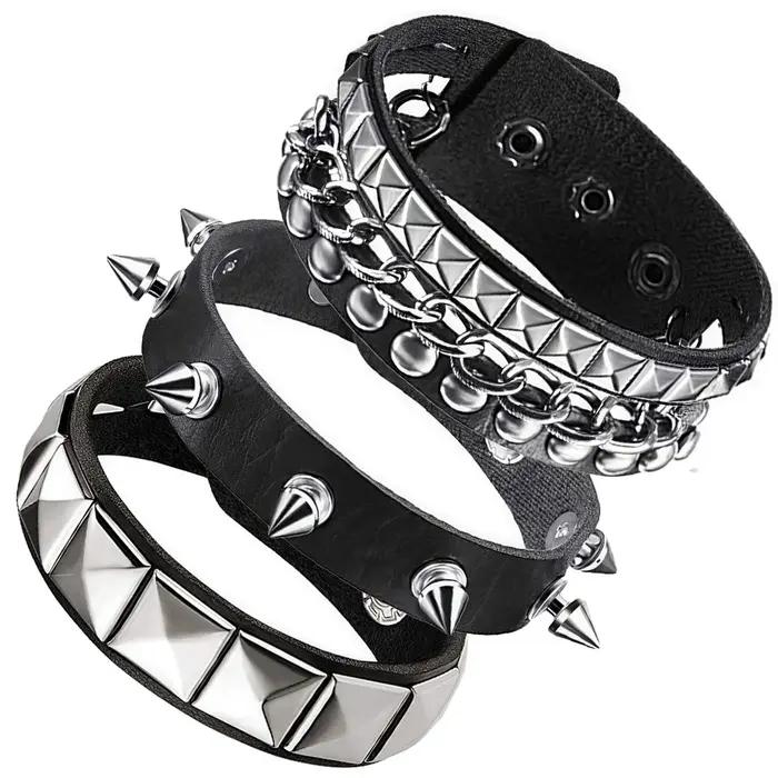 Nouveau 3 pièces/ensemble noir Goth Emo Boho Bracelets pour femme hommes Punk gothique pointe Rivets Bracelet en cuir PU