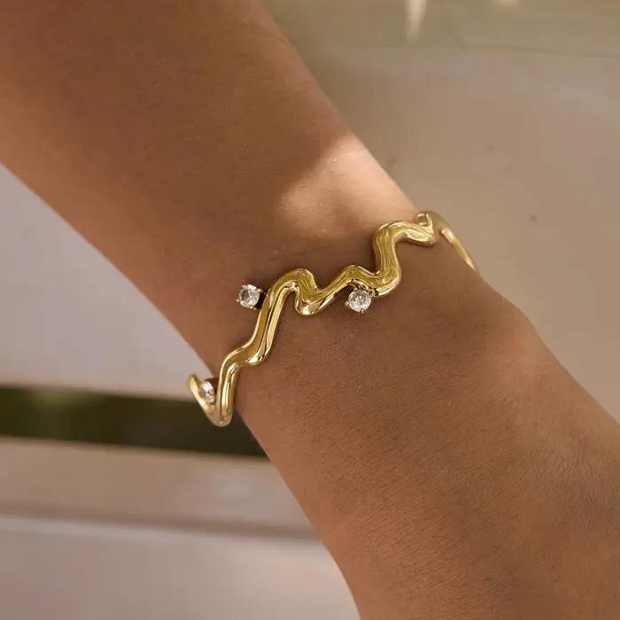 Uworld – Bracelet manchette rond en forme de vague en zircon pour femmes