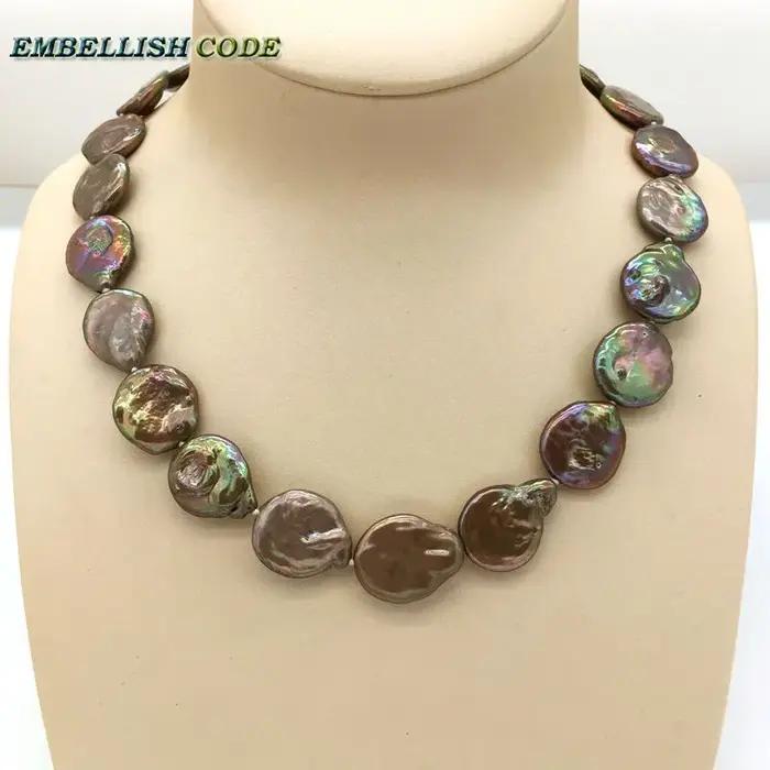 Collier ras du cou en perles baroques, couleur marron café, pièce ronde, forme plate, perles naturel