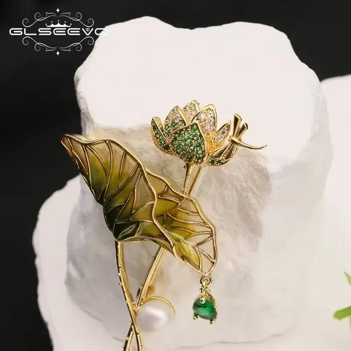 Bijoux doré fleur de Lotus feuille perles d'eau douce naturelles broche cadeau pour femmes fille épingles élégantes