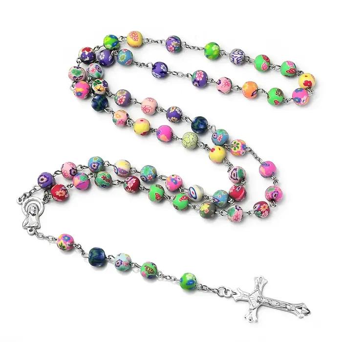 Chapelet multicolore en perles d'argile polymère pour femmes, pendentif Crucifix INRI, chaîne Fimo,