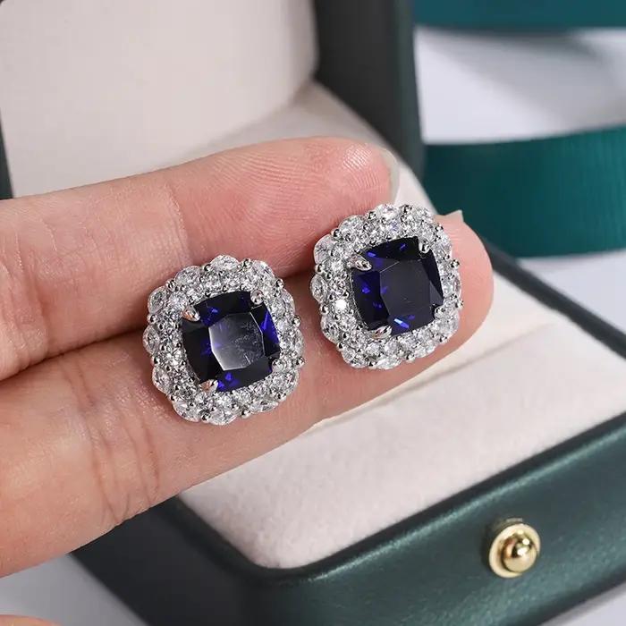 Boucles d'oreilles plaquées argent 925 pour femmes, boucles d'oreilles brillantes en Zircon bleu AAA