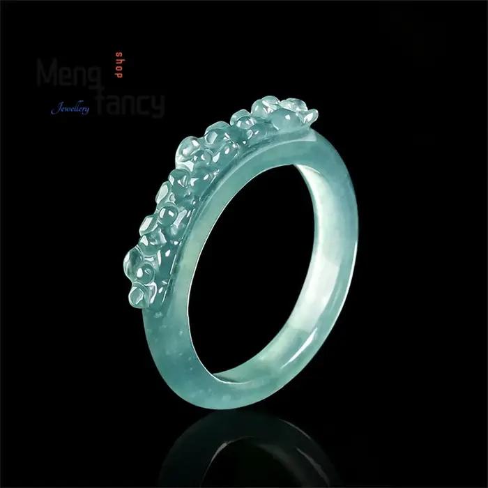 Bague en jadéite naturelle de qualité A, motif floral en relief bleu aqua, en jade grain de glace, b