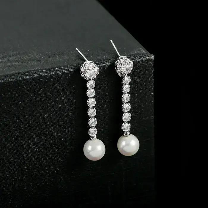 Boucles d'oreilles en perles de mariage, longues, élégantes, polyvalentes, de luxe, en zircone, acce