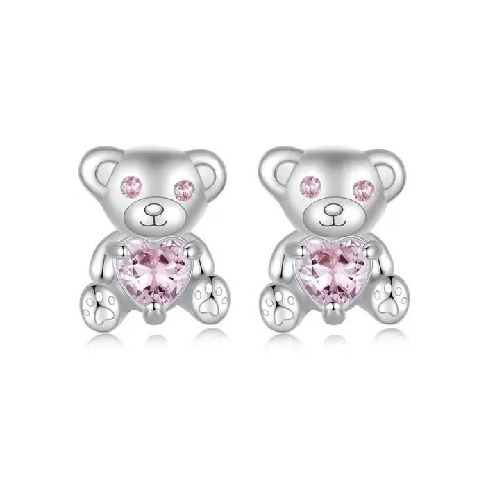 WOSTU 925 en argent Sterling belles boucles d'oreilles Panda avec coeur vert cristal ours rose boucl