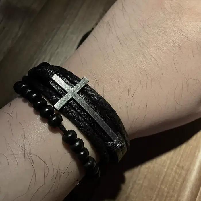 Bracelet rétro à couche croisée pour hommes, Punk noir, cuir de vache tissé à la main, perles réglables, accessoires, bijoux chrétiens