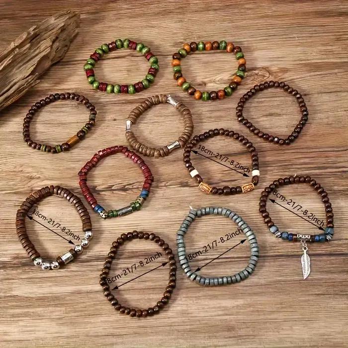 Bracelets vintage bohèmes pour hommes feuilles motifs tracker humeur bois naturel cadeaux occasions spéciales