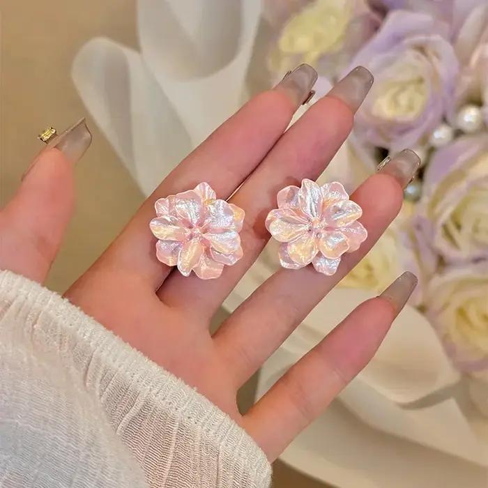 Boucles d'oreilles à tige fleur rose en résine mode coréenne moderne camélia acrylique mignon accessoires de bijoux de fête pour femmes occasions spéciales