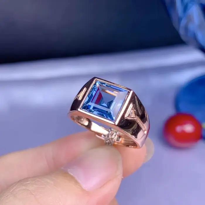 Bague en argent regardé 925 avec topaze bleue océan pour homme