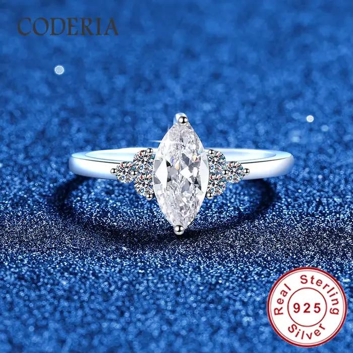 Bague en moissanite taille marquise 1 carat plaquée or blanc 14K en argent sterling S925