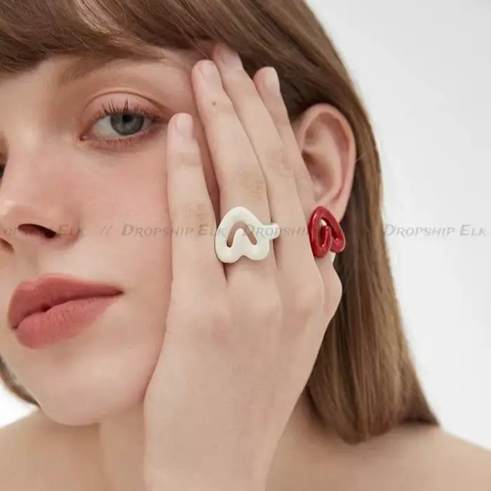 Bague en forme de cœur en émail blanc et rouge, glaçure géométrique goutte à goutte pour femmes et filles, bagues d'ouverture amusantes Y2K, bijoux cadeau, vente en gros