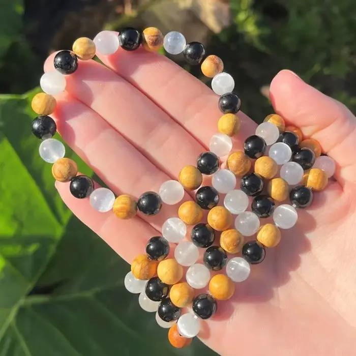 Bracelet de purification du corps en cristal de 8 mm avec sélénite, tourmaline noire et Palo Santo pour améliorer le mouvement et l'énergie