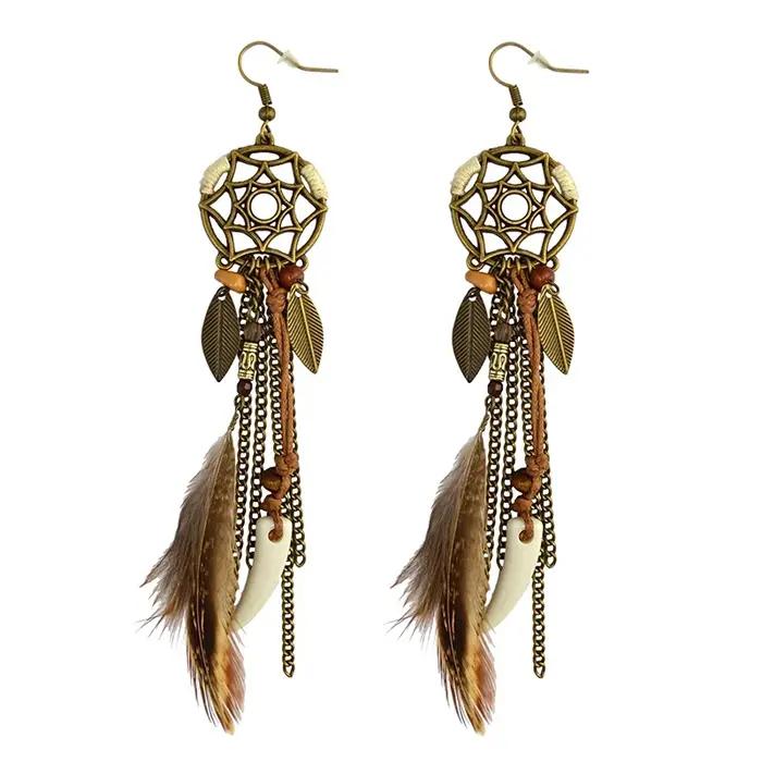 Boho ethnique capteur de rêves plume Antique Long crochet boucles d'oreilles fantaisie à la main chaîne gland boucle d'oreille pour les femmes bijoux