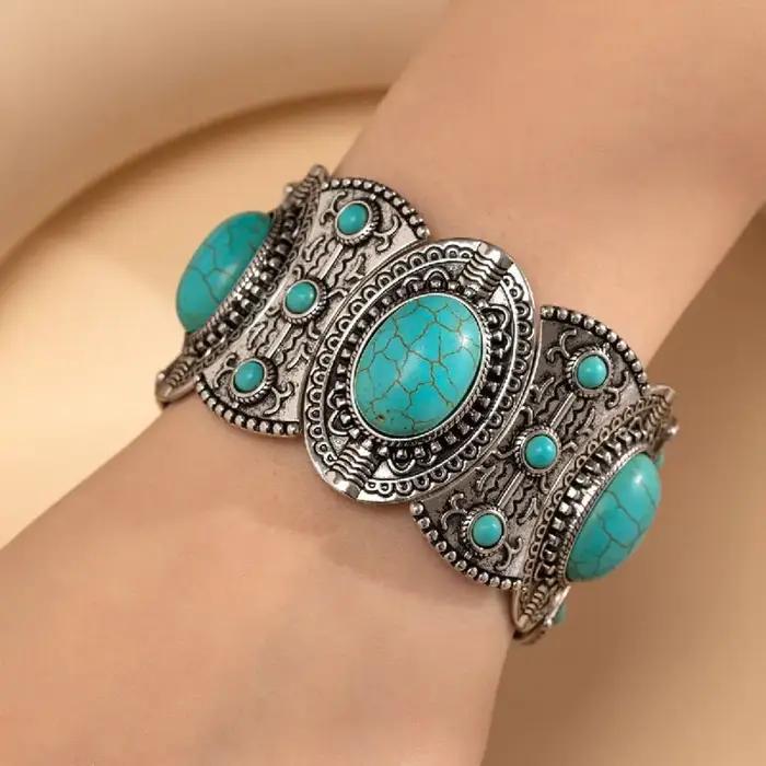 Bracelet élastique large tribal style campagnard occidental anneau à main turquoise style ethnique européen américain or jaune clair rhodium or