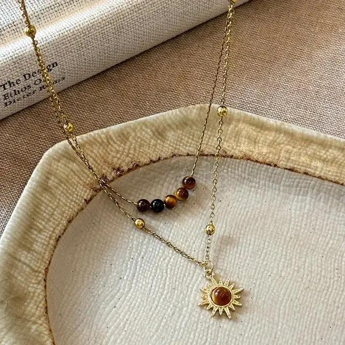 Collier en zircon étoile de soleil vintage pour femmes chaîne ras du cou pendentif double couche bijou mode occassions spéciales