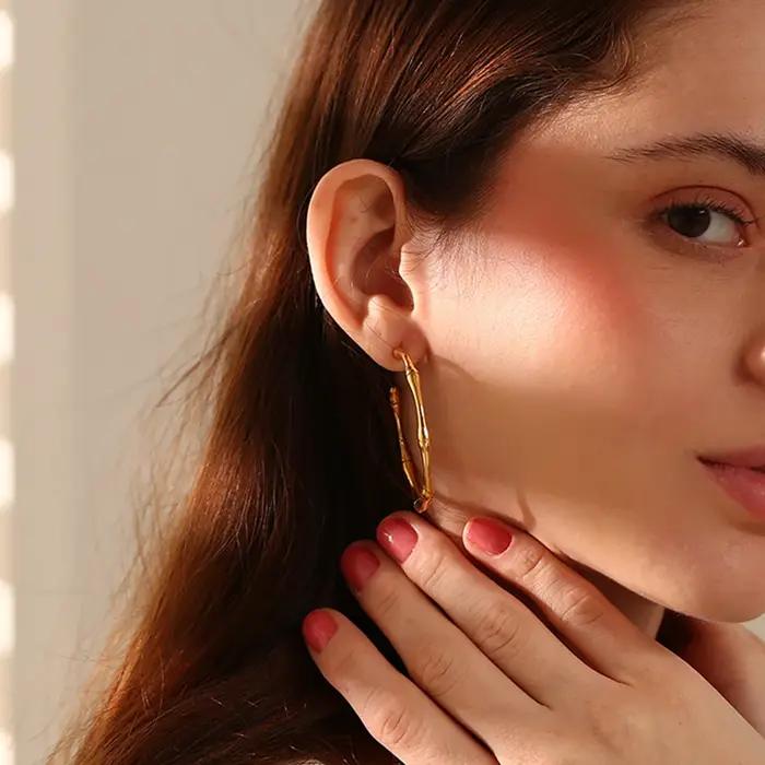 E.B.belle minimaliste basique mince bambou grandes boucles d'oreilles en or pour femmes en acier inoxydable plaqué or étanche femme grand cerceau