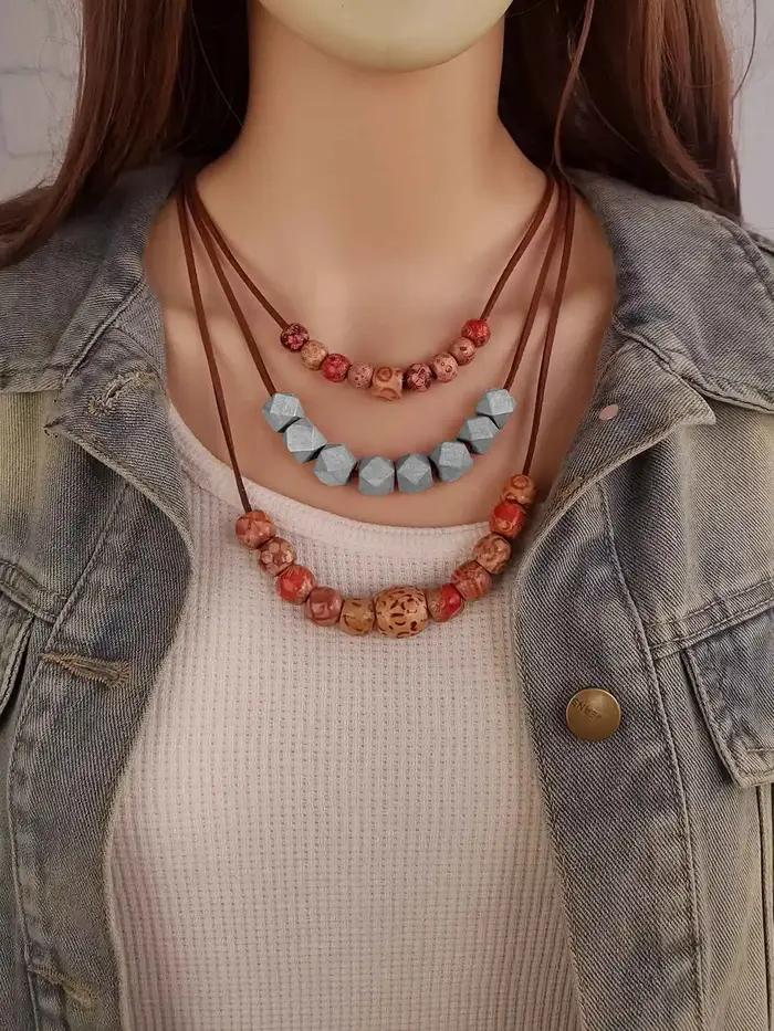 Collier de perles en bois naturel multicouche pour femmes