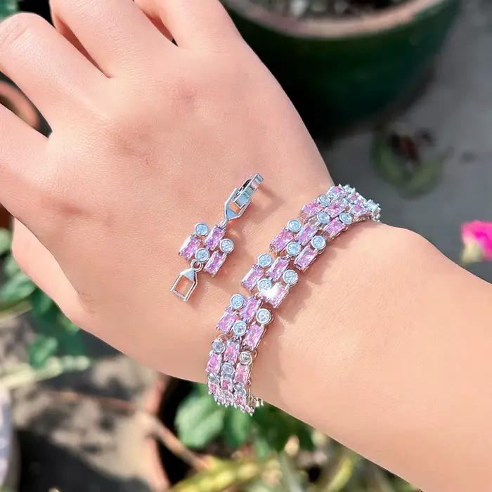 Pera élégant femmes grande chaîne de Tennis large Bracelets rose Zirocnia 3 rangées conception main décor mariage fête des mères bijoux cadeau B041