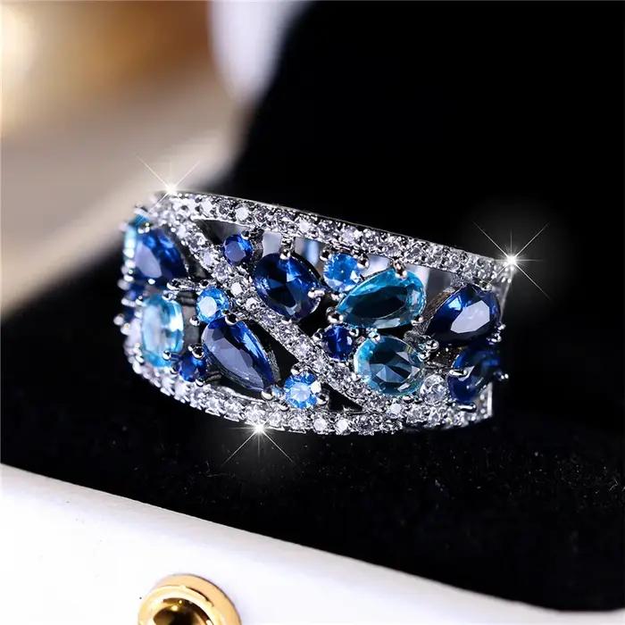 Bague de luxe en pierre de Zircon bleu pour femme