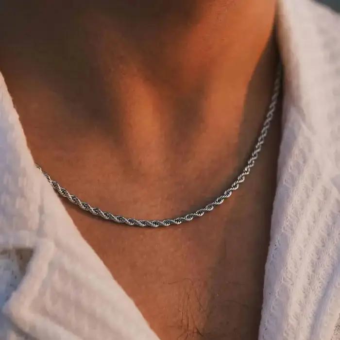 Collier long à cordes sterling 925 plaqué or pour homme et femme, chaîne de maillons et cordes torsadées, bijou punk rock pour soirées et événements spéciaux