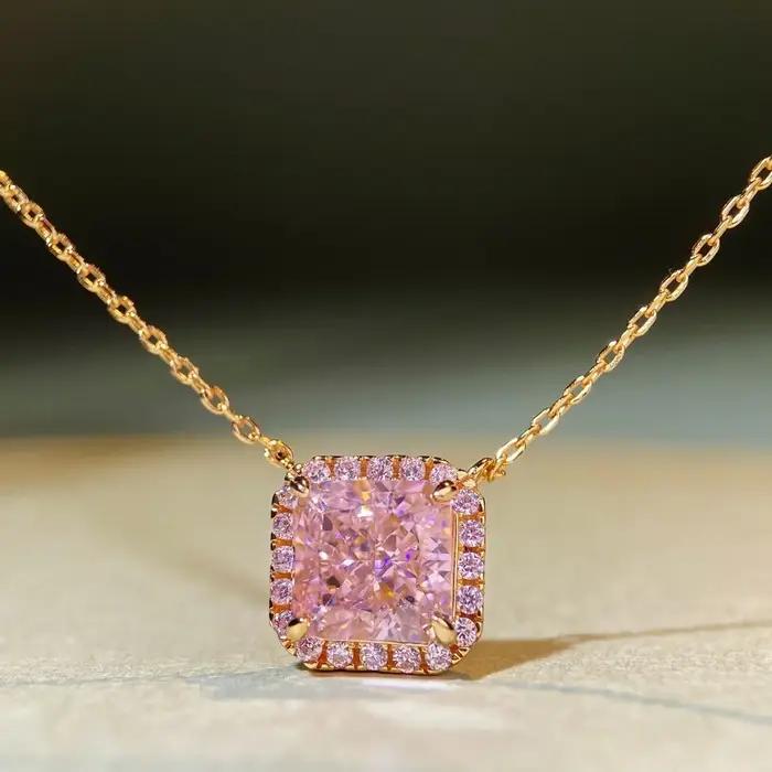 Collier en argent sterling S925 avec diamant rose pour femme, plaqué or champagne 18 carats, pendent
