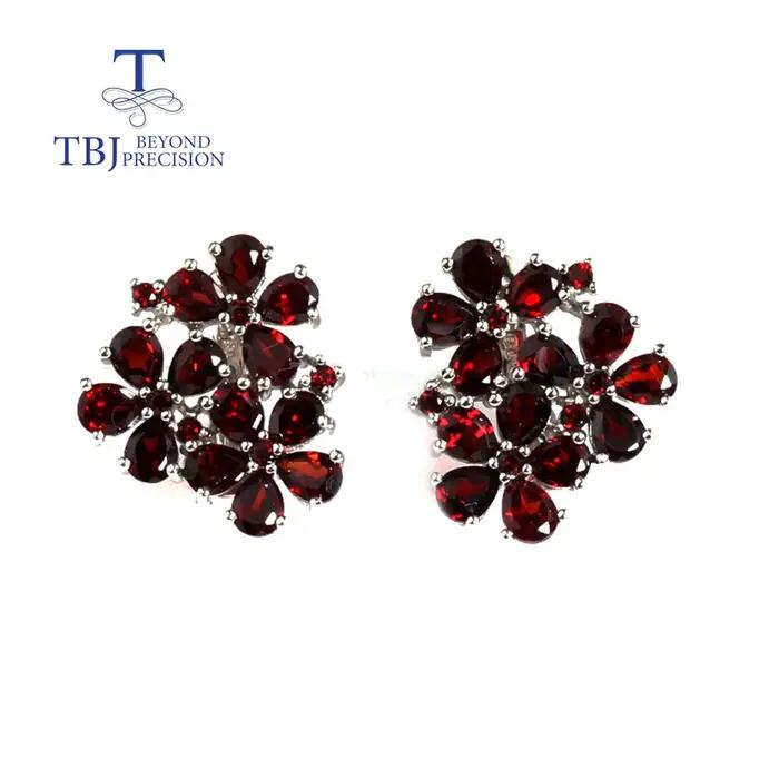Boucles d'oreilles fleur grenat rouge naturel en argent sterling 925 pour femmes occasions spéciales soirée élégante cadeau女性专用天然红宝石花卉耳环,银质925,适用于特别场合的晚宴和优雅活动,作为礼物