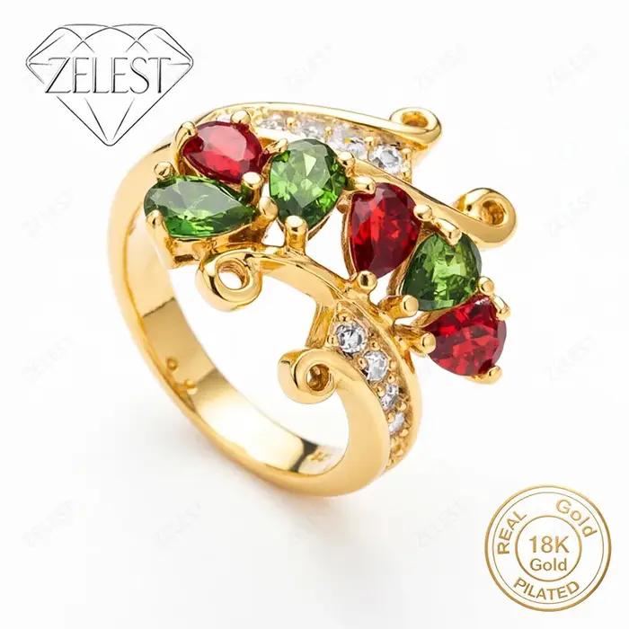 Bague en argent sterling 925 plaquée or 18 carats avec zircons rouges et verts élégante pour femmes occasions spéciales anniversaire soirée chic