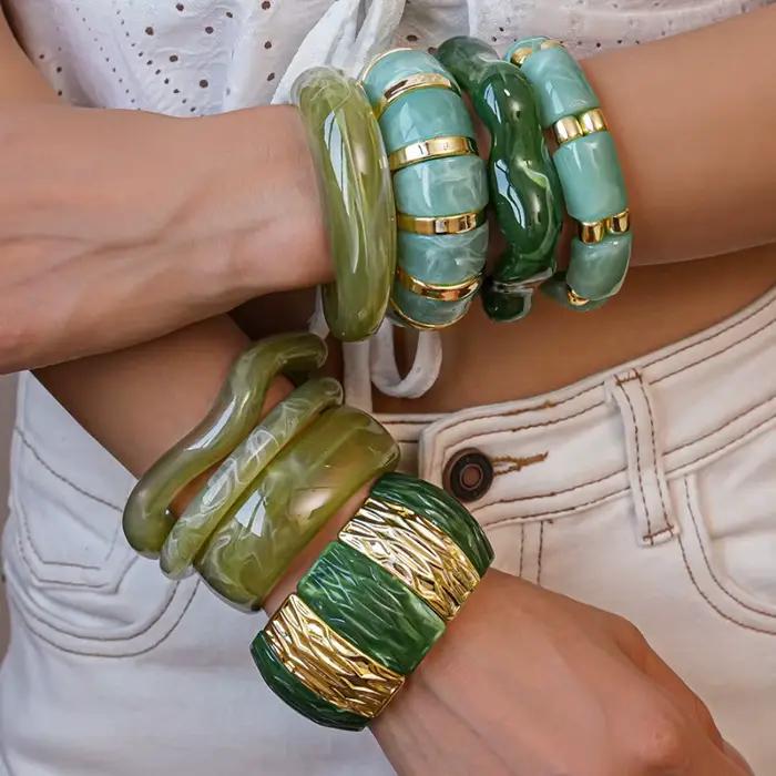 Bracelet en résine épaisse verte irrégulière pour femmes et filles, Vintage, acrylique, large, géométrique, ouverture, bijoux de décoration