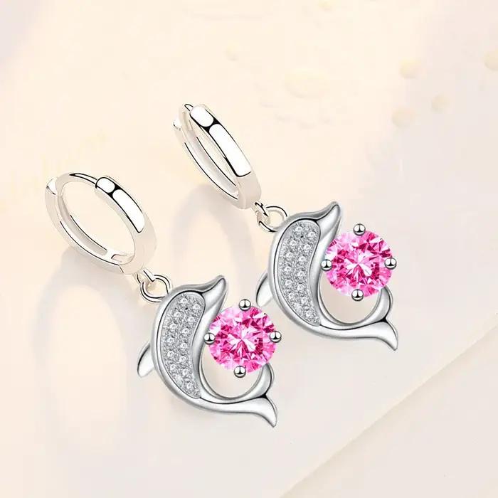 Mignon petit dauphin jouant boule boucles d'oreilles Aqua bleu cristal rond pierre cerceau boucle d'oreille pour les femmes couleur argent océan Animal bijoux