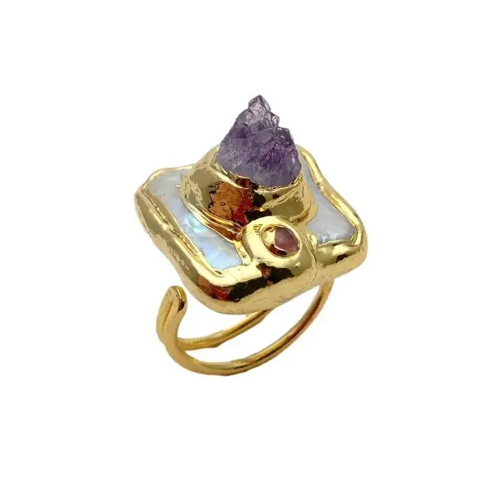 Y.YING – bague brute Druzy avec perles carrées blanches de culture