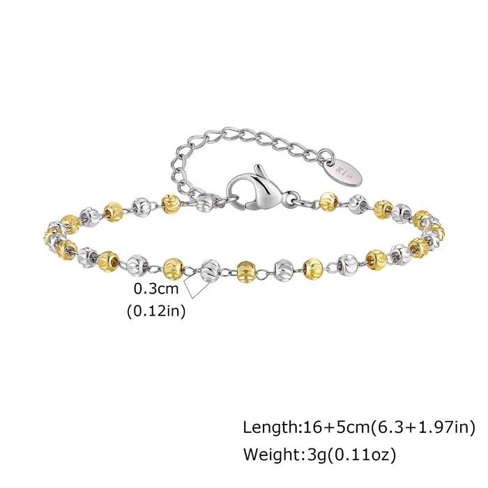 Bracelet à billes texturées bicolores pour femmes, chaîne délicate en acier inoxydable plaqué or 18