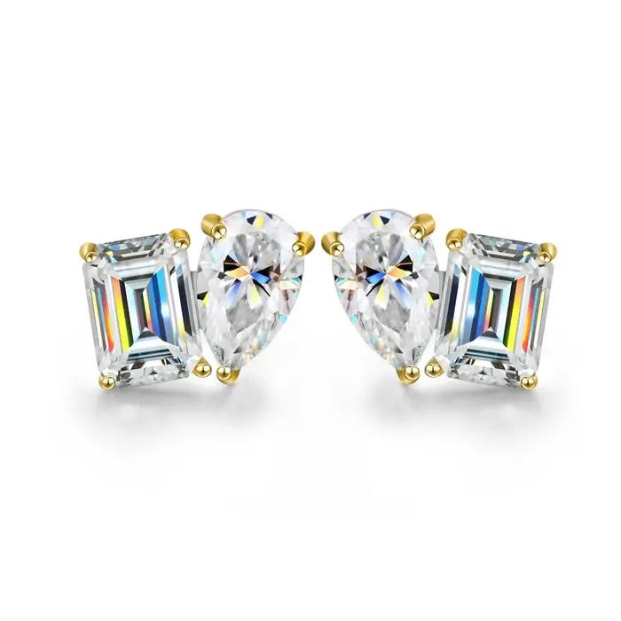 Boucles d'oreilles en or 18 carats pour femmes, deux pierres Moissanite, 4cttw, poire, émeraude, dia