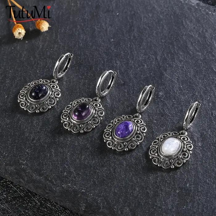 Boucles d'oreilles ovales en argent Sterling 925 avec pierre de lune et améthyste pour femmes occasions spéciales mariage elegant
