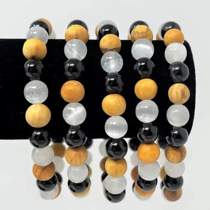 Bracelet de purification du corps en cristal de 8 mm avec sélénite, tourmaline noire et Palo Santo pour améliorer le mouvement et l'énergie