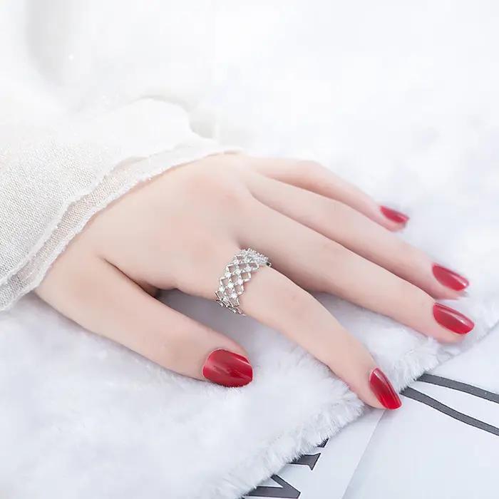 Mode créative maille caractéristiques 925 en argent Sterling redimensionnable anneaux femmes bijoux losange Net strass or Rose bague