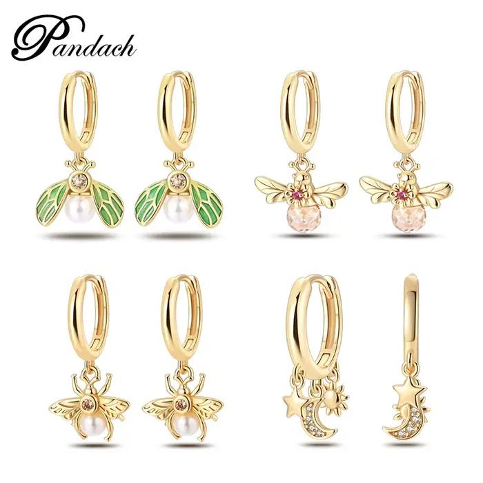 Pandach 925 en argent Sterling Original série dorée abeille pendentif boucles d'oreilles étoile lune