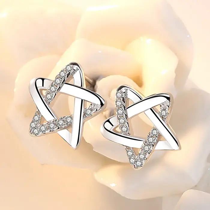 Boucles d'oreilles élégantes en argent sterling 925 avec étoiles en zircon pour femmes pour mariage et soirées de gala