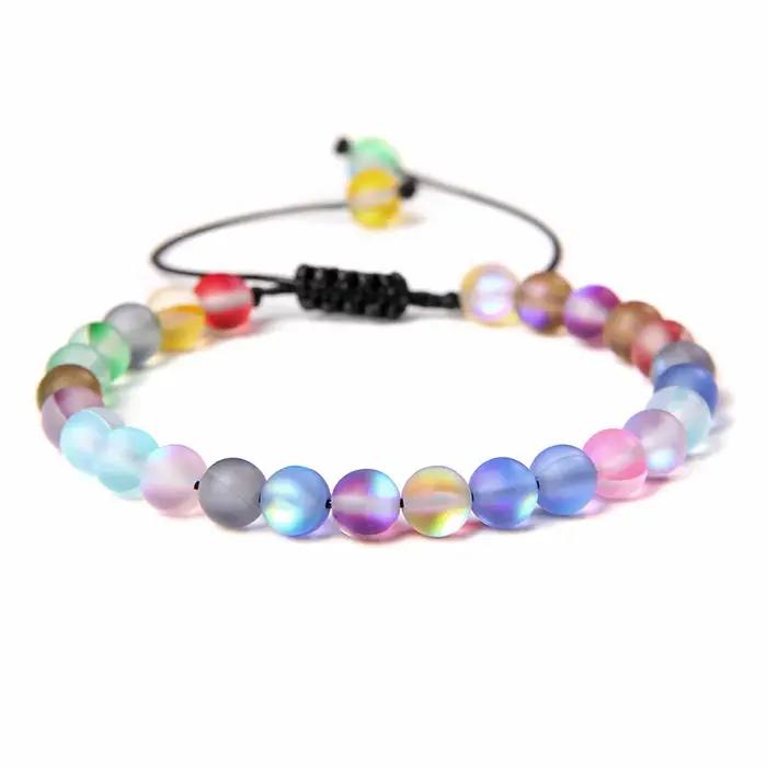 Bracelet en pierre de lune mate multicolore 6mm tressé en cristal autrichien pour femmes et hommes occasions spéciales trackers d'humeur subtils