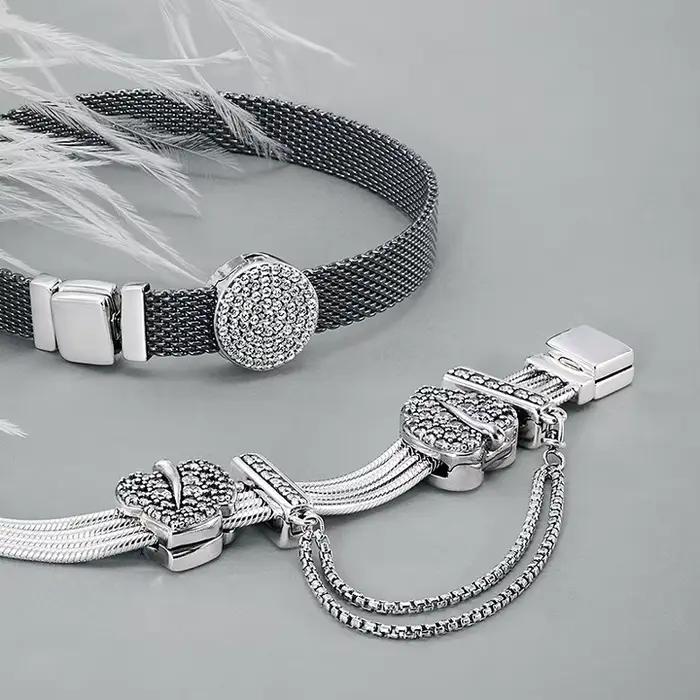 Argent 925 pavé réflexions fermoir étincelant Bracelet ajustement Clip breloques bijoux à bricoler soi-même cadeau coeur forme ronde trèfle à quatre feuilles charme