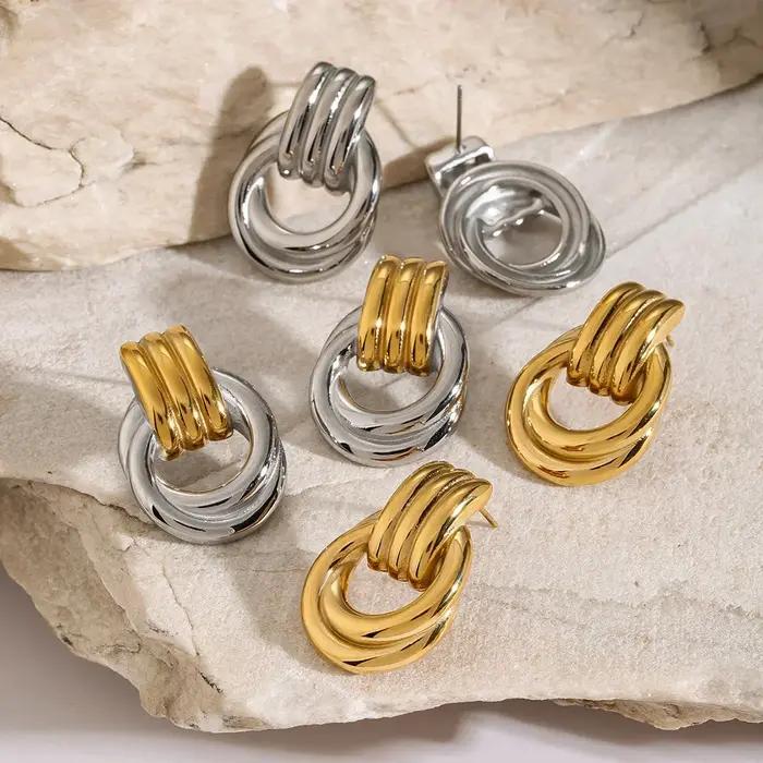 Boucles d'oreilles torsadées multicouches en acier inoxydable plaquées or pour femmes élégantes occasions spéciales mariage soirée chic