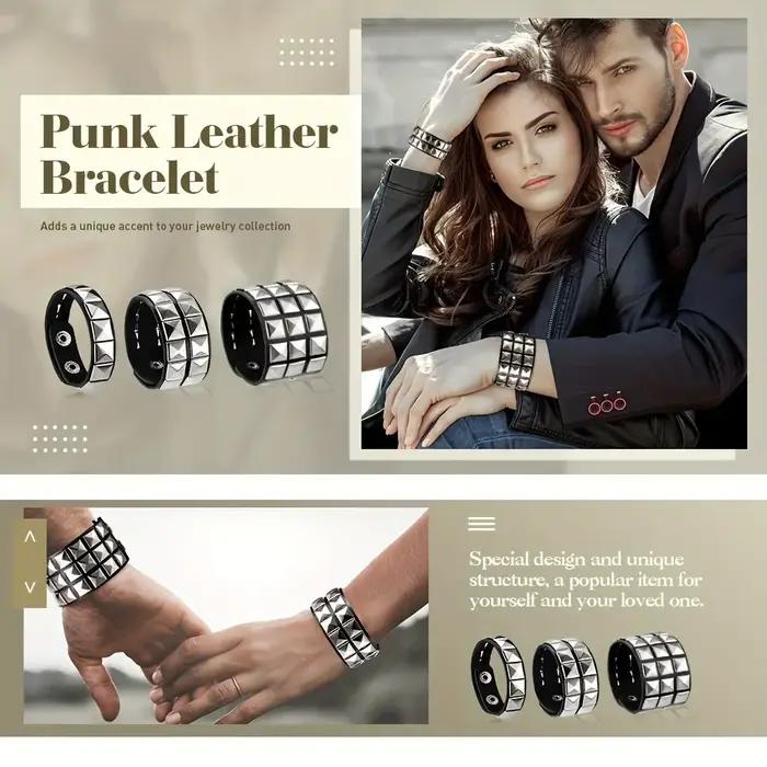 Bracelet à ongles rivets style punk en cuir avec finition or plaqué rhodium pour homme occasions spéciales noël saint valentin anniversaire