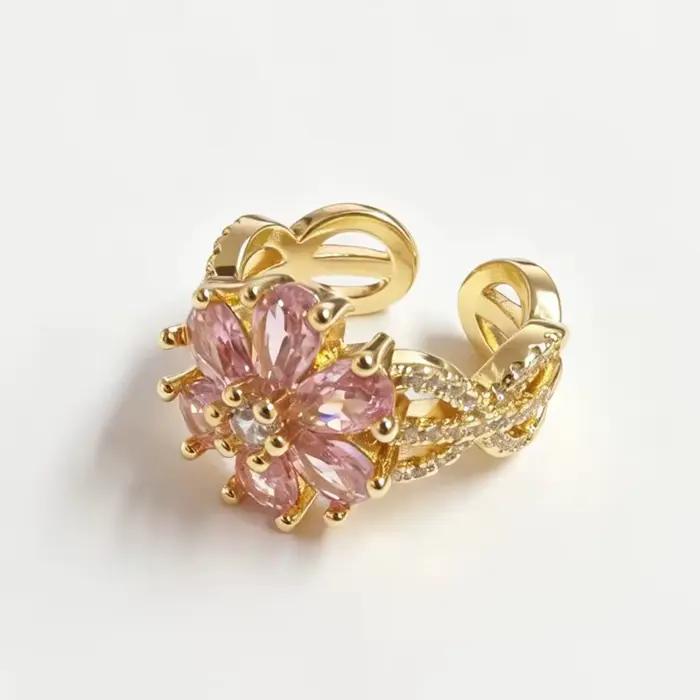 Ensemble de bagues ouvertes réglables en forme de fleur rose avec pierres en zircone cubique pour un
