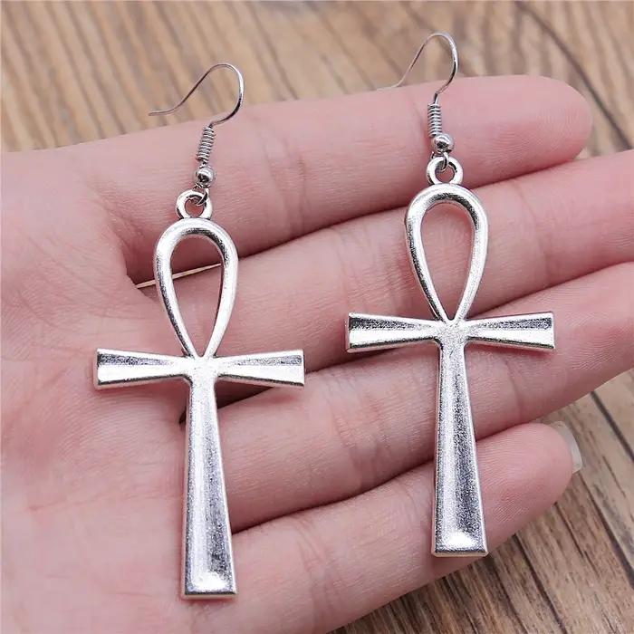 Vintage 2 couleurs 52x28mm Ankh croix breloques boucles d'oreilles mode à la main femmes boucle d'oreille