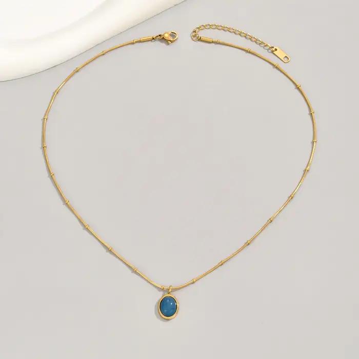 Collier aigue-marine ovale bleu en acier inoxydable plaqué or 18 carats pour femmes occasion spéciale anniversaire cadeau d'occasion mariage
