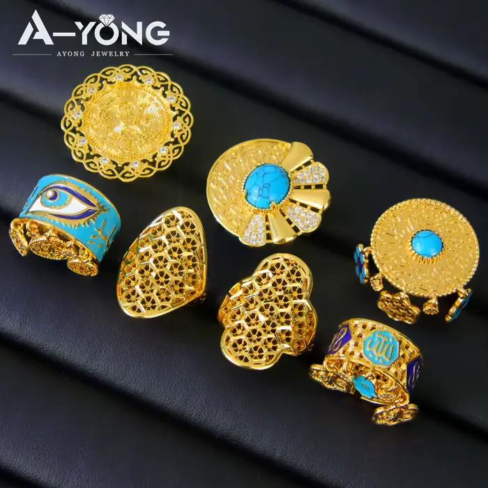 Bague de mariée plaquée or éthiopien, bijoux de mariée plaqués or 21 carats, zircone brésilienne, Turquoise, dubaï, bijoux de fête Vintage pour femmes