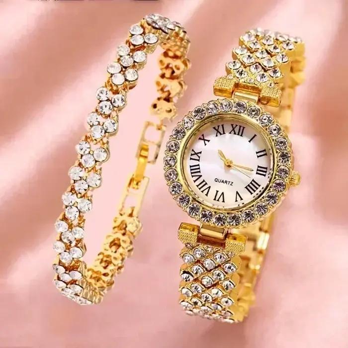 Mode luxe plein cristal 5 pièces montre collier boucles d'oreilles bague ensemble pour femmes strass montre-Bracelet femme Bracelet ensemble cadeau